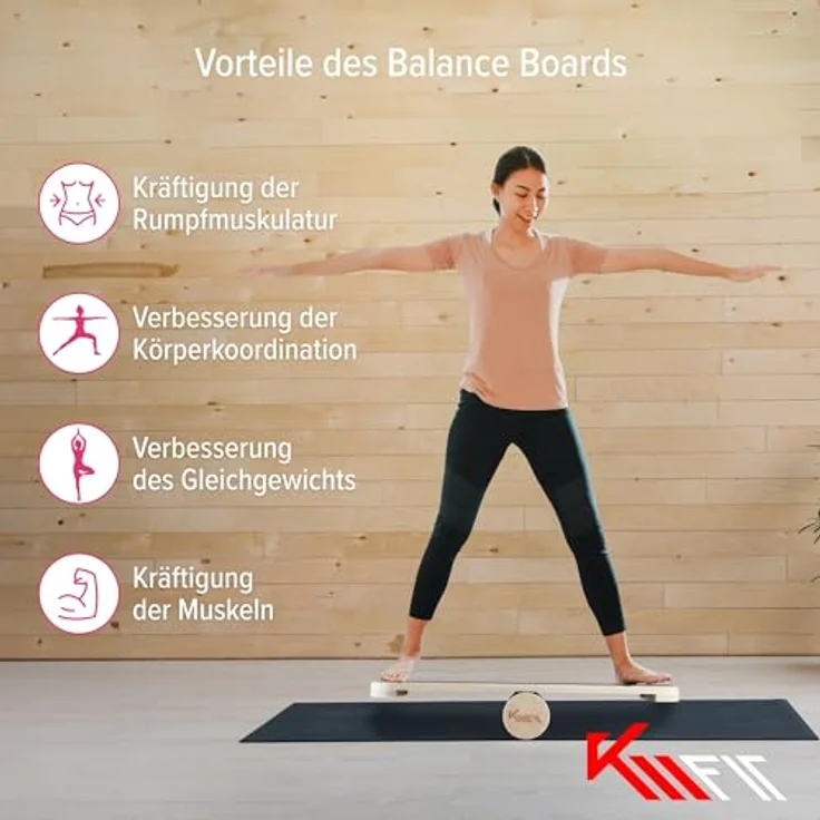 KM-Fit Balance Board | Balancebrett aus Holz | Indoor Skateboard Indoorboard | Surfboard, Surfbrett für Koordinationstraining | Kraft- & Gleichgewichtstrainer | Indoor-Surfen & Skaten – Bild 3