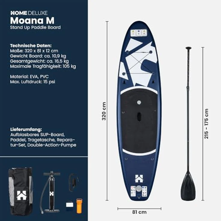 HOME DELUXE MOANA Stand Up Paddle Board – Größe M, Aufblasbares SUP mit rutschfester Oberfläche und 3-Finnen-System, Blau – Bild 9