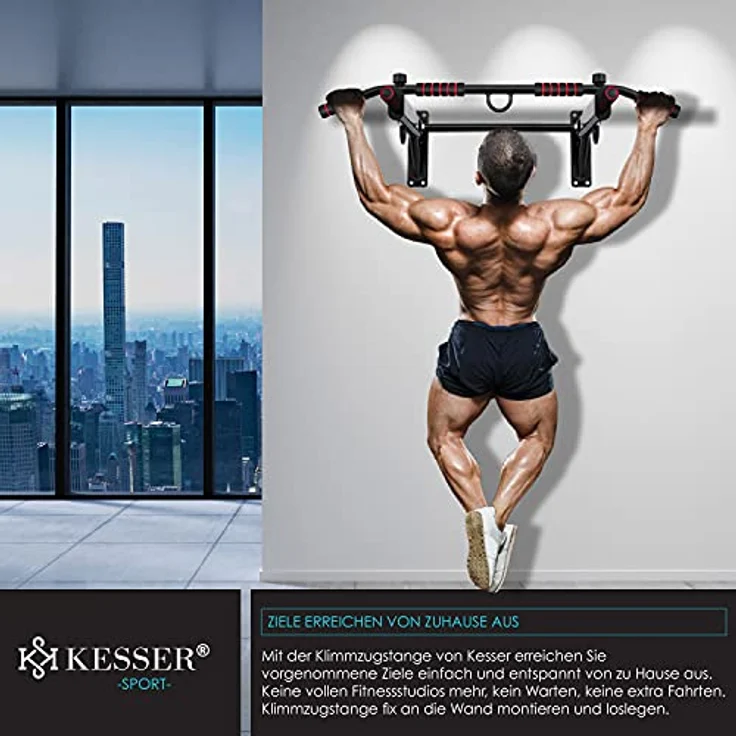 KESSER® 4in1 Klimmzugstange zur Wandmontage rutschfesten Griffen zusätzliche Funktion für Seile Ringe und Boxsäcke mit verschiedenen Griffpositionen | sicher & stabil | Pull Up Bar für zuhause, Rot – Bild 4