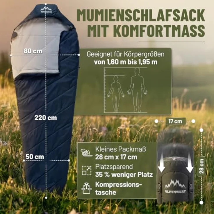ALPENWERT® Schlafsack Sommer Ultraleicht, wasserabweisend, YKK Reißverschluss, Kältebrücke, 220x80cm, marineblau/grau innen – Bild 3
