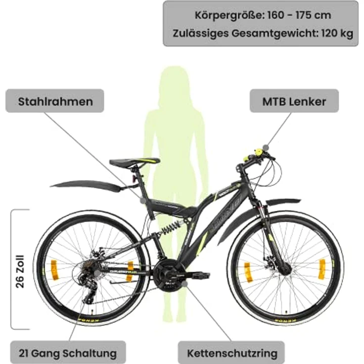 Galano Volt DS Mountainbike Fully, 26 Zoll, 21 Gang, für Jugendliche ab 160 cm, Farben: weiß/grün, schwarz/grün, schwarz/rot – Bild 2