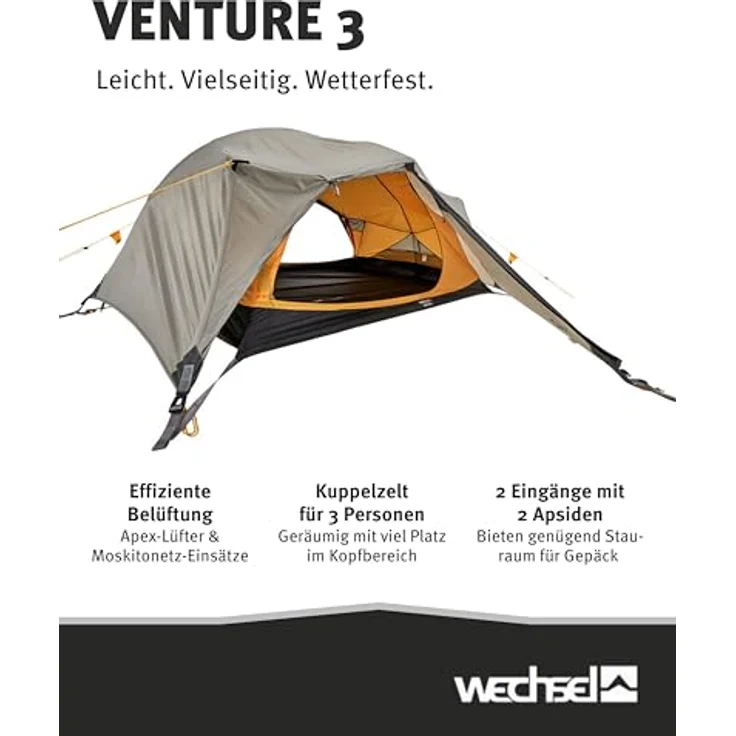 Wechsel Trekkingzelt Venture 3, Kuppelzelt für 3 Personen, schnell aufbaubares Hybridzelt, kompakt & transportabel für Camping, Wandern & Radreisen – Bild 2
