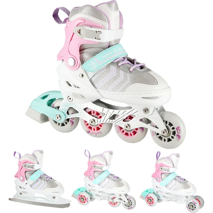Nils Extreme Inline Skates 4in1, verstellbare Schlittschuhe für Kinder und Erwachsene, Rollerblades mit ABEC7-Lager, Größe 29-33, Rosa - NH18192