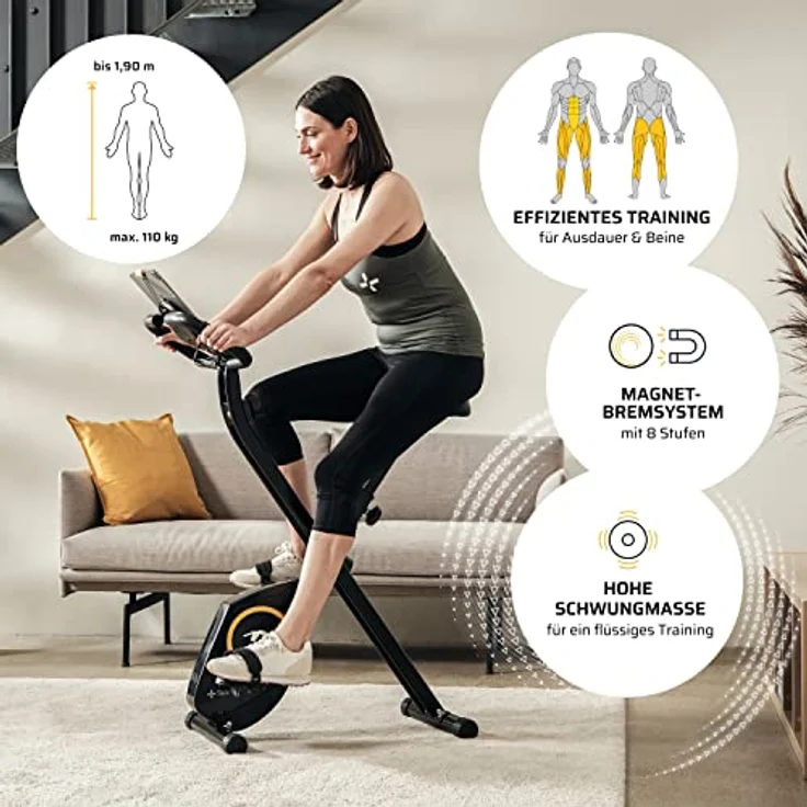 SportPlus X-Bike Heimtrainer klappbar für zuhause, mit 8 Widerstandsstufen, Display mit Smartphone- & Tablethalterung, App-Kompatiblität, bis 110 kg belastbar – Bild 3