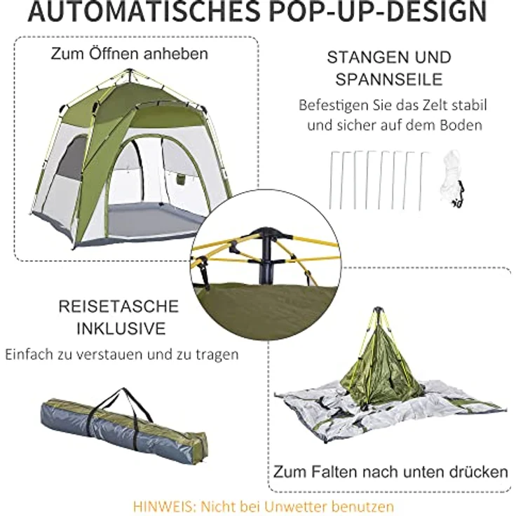 Outsunny Pop Up Kuppelzelt 4-Personen, UV 50+ Campingzelt mit 4 Türen, 1,9 m Höhe, 1000mm Wassersäule, leicht und stabil, ideal für Familien und Gartenreisen – Bild 4
