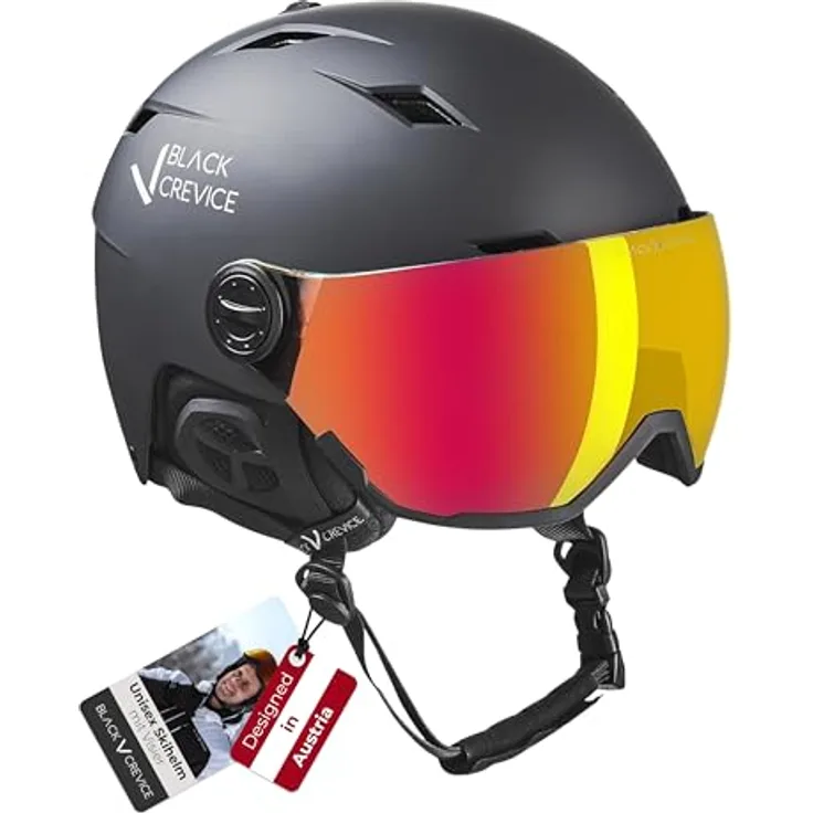 BLACK CREVICE Skihelm Kirchberg, schwarz/Silber mit Visier, M (54-57cm), optimierte Anpassung, atmungsaktiv und sicher nach CE EN 1077