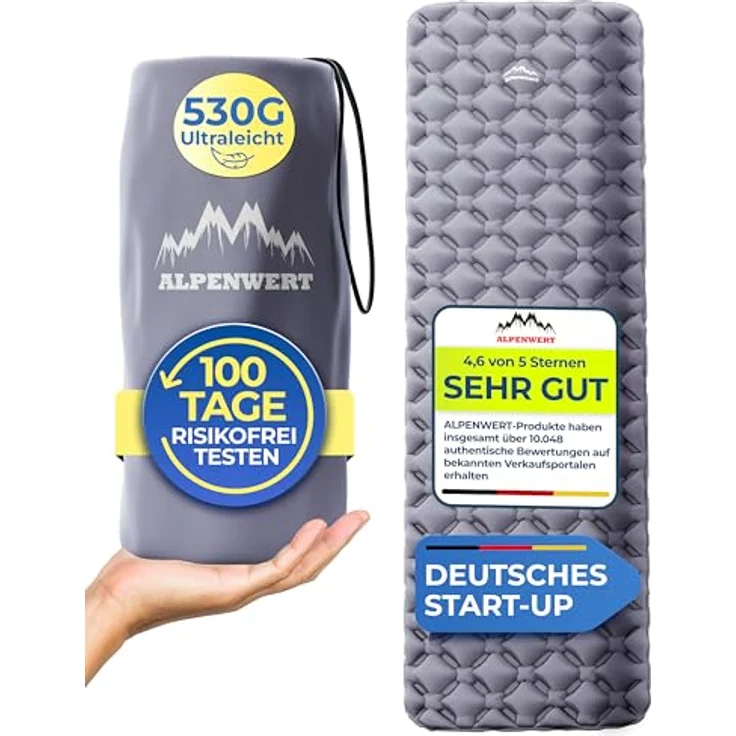 Alpenwert® Isomatte Outdoor, aufblasbare Schlafmatte ultraleicht mit kleinem Packmaß, 531g, 190 x 60 cm, perfekt für Camping und Backpacking – Bild 1