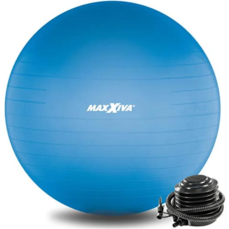 MAXXIVA® Gymnastikball Anti-Burst mit Luftpumpe bis 250 kg hautfreundlicher Sitzball Reha Hometraining Balanceball Yoga Pilates Sport Fitnessball (55 cm, Blau)