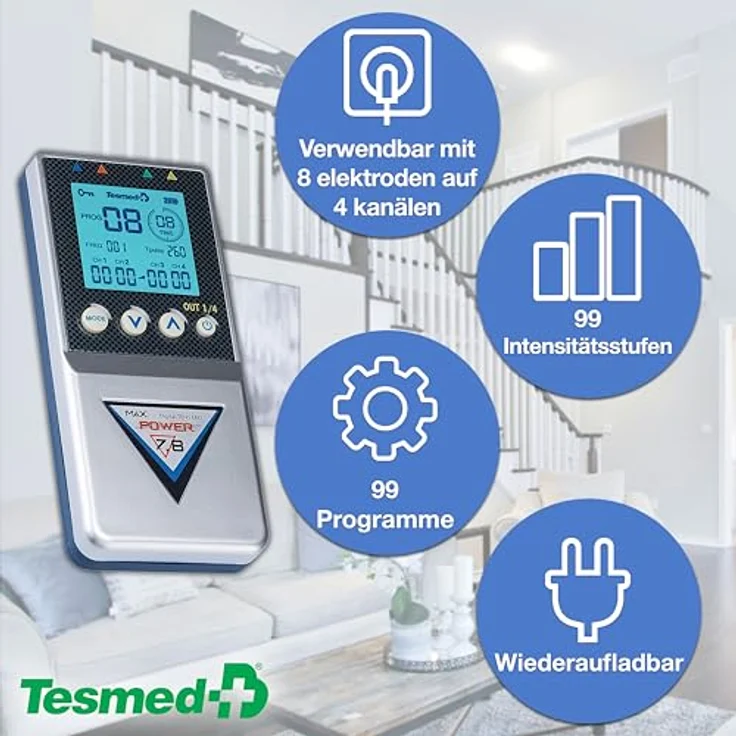 TESMED Max 7.8, Digital TENS-Massage + EMS Duo Elektrostimulationsgerät mit 4 Kanälen, für Muskelaufbau, inkl. 8 Elektroden, 125 Behandlungen – Bild 3