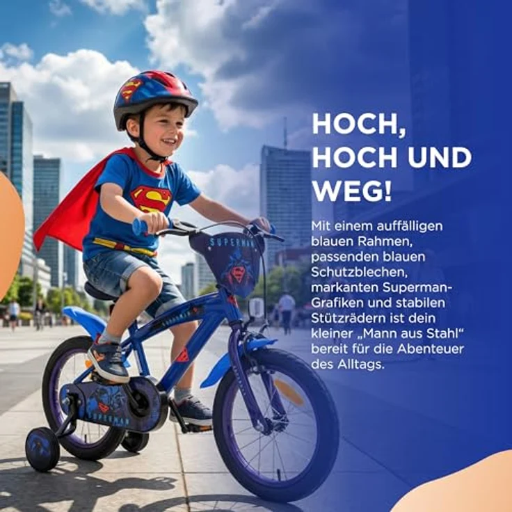 Volare Superman, Kindervelo 14 Zoll, stabiler Metallrahmen, dunkelblau, mit Handbremse und abnehmbaren Stützrädern – Bild 2