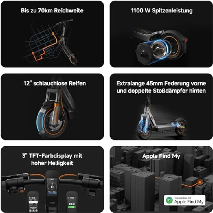 XIAOMI Electric Scooter 6 Max E-Scooter, 12 Zoll Tubeless, 70 km Reichweite, 1100W, Doppelscheibenbremse, TFT-Display, Grau – Bild 2