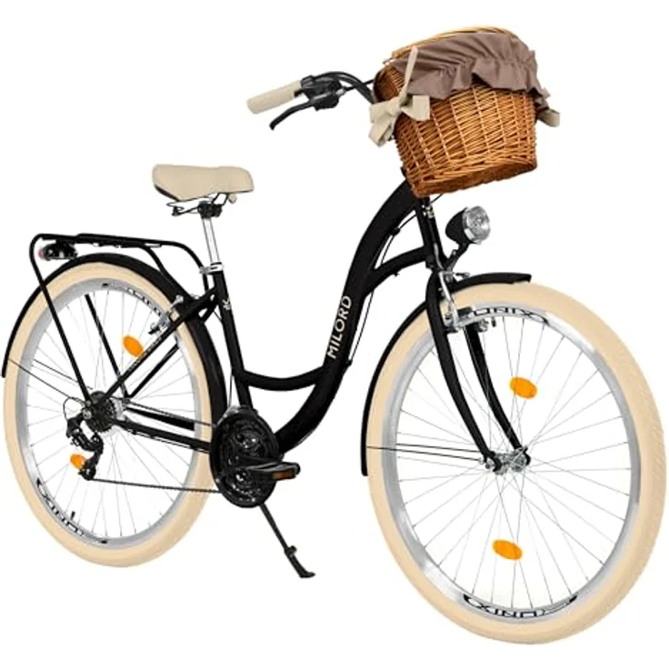 MILORD Damenfahrrad Citybike Komfort, 21-Gang, 28 Zoll, Schwarz-Creme mit Weidenkorb – Bild 1