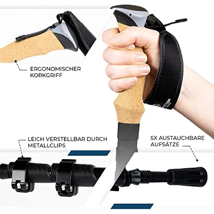 Sportisfaction Carbon Wanderstöcke, Teleskopverstellung 63-140 cm, Korkgriff, ultraleicht 260g, inkl. 5 austauschbare Aufsätze – Bild 4