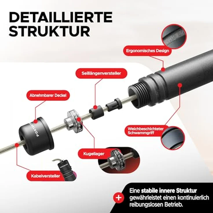 PORTENTUM Speed Rope, verstellbares Springseil mit ergonomischen rutschfesten Schaumgriffen, 2,8 Meter Länge, ideal für Fitness & Ausdauer, geeignet für Kinder und Erwachsene – Bild 5