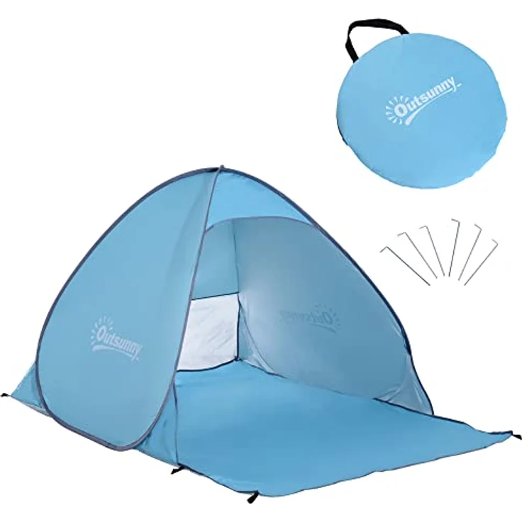 Outsunny Strandmuschel Pop Up Zelt, automatische Strandmuschel für 2-3 Personen, stabil und transportabel, blau 200 x 150 x 119 cm – Bild 1