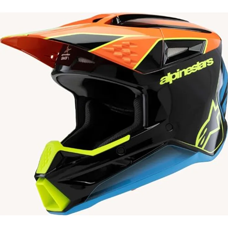 Alpinestars SM3 Fray Jugend Motocross Helm, schwarz/blau/gelb, leichtes Design mit anpassbaren Innen- und Wangenpolstern, Größe Y/L (52/53)