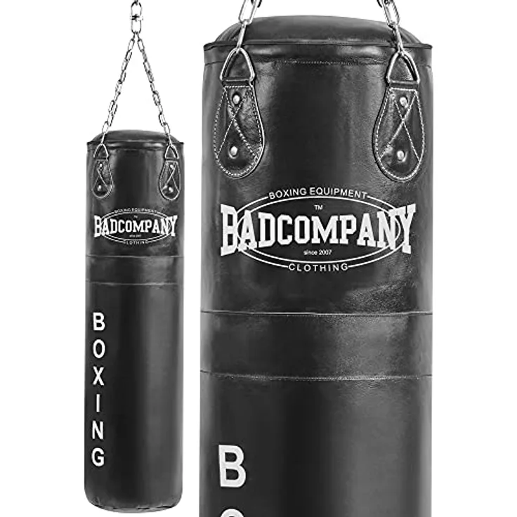Bad Company Boxsack, Leder Punching Bag inkl. Heavy Duty Vierpunkt-Stahlkette, ungefüllt, 80 x 35 cm, Schwarz