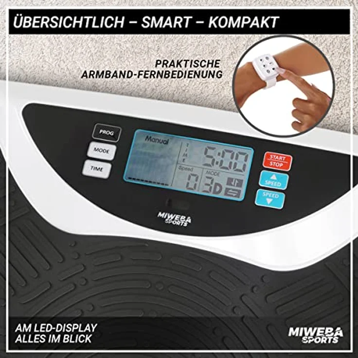 Miweba Sports Fitness 4D Wave Vibrationsplatte MV300 - Armband Fernbedienung - Wave Design - 800 Watt - Bluetooth Lautsprecher - Trainingsbänder - Led - große Trittfläche (Weiß) – Bild 4