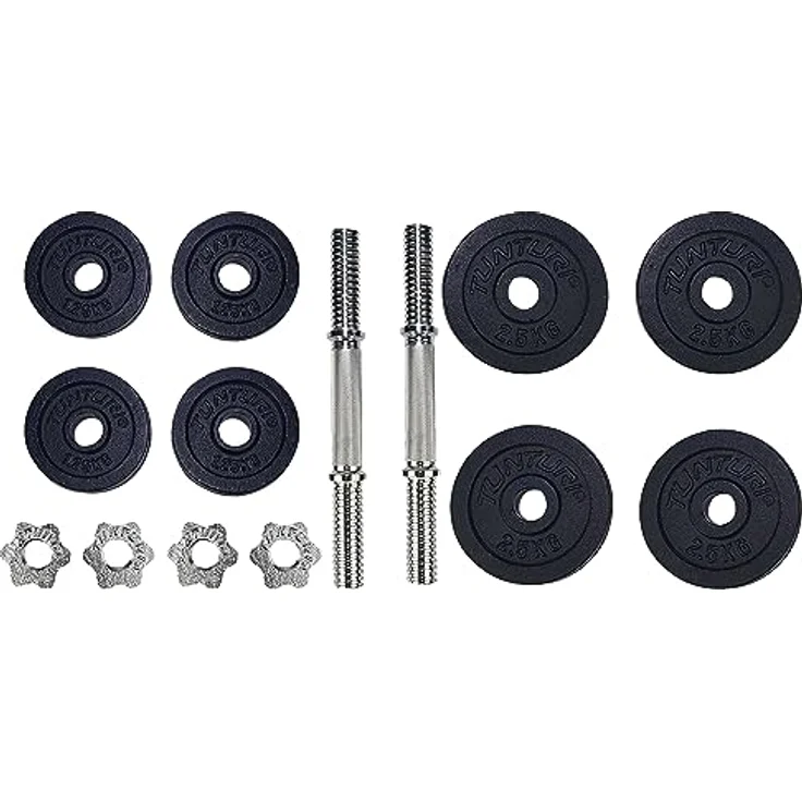 Tunturi Hantelset mit 2 Hantelstangen und 4 Gewichten, 20 kg aus 2X 2,5 kg und 2 x 1,25 kg, Gusseisen-Hanteln – Bild 3