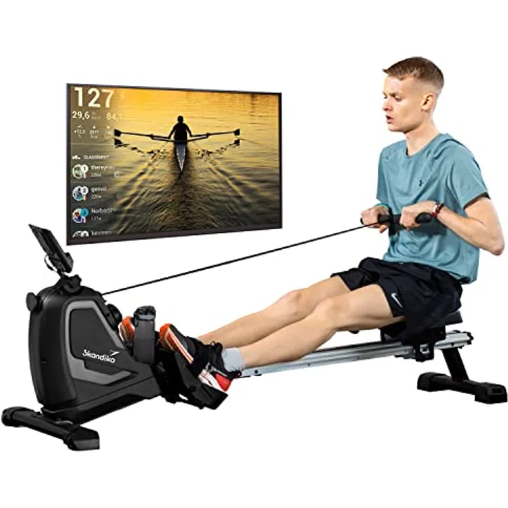 Skandika Rudergerät Venn, Ruderergometer, Tablet-Halterung, Rower mit Multifunktionscomputer, 8 Stufen Widerstandsverstellung, wartungsarm (grau)