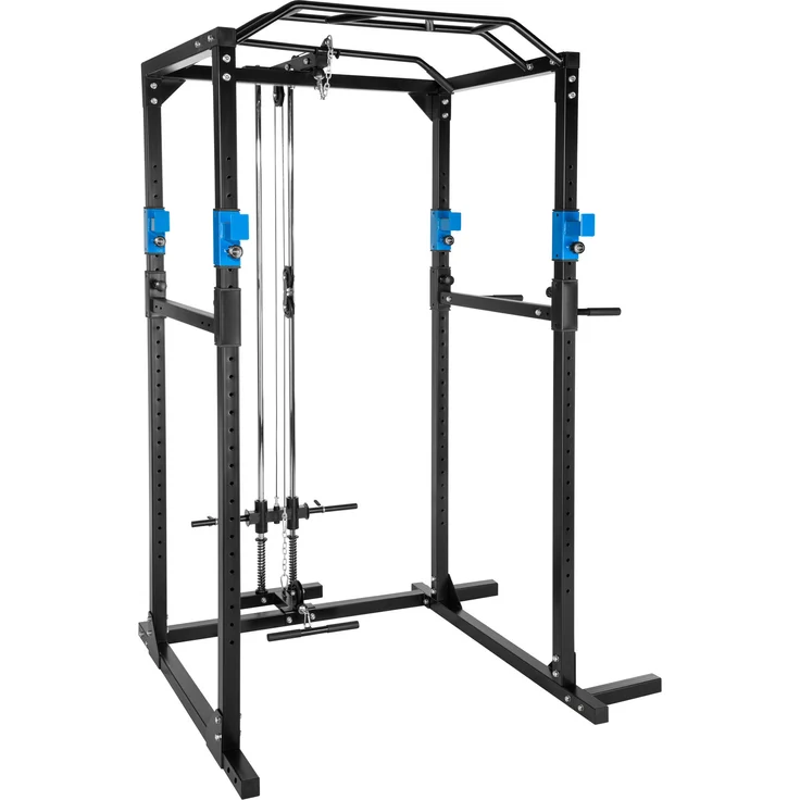 Tectake Kraftstation mit Latzug - schwarz/blau, Ganzkörperworkout, höhenverstellbare Sicherheitsstreben, 28 Höheneinstellungen