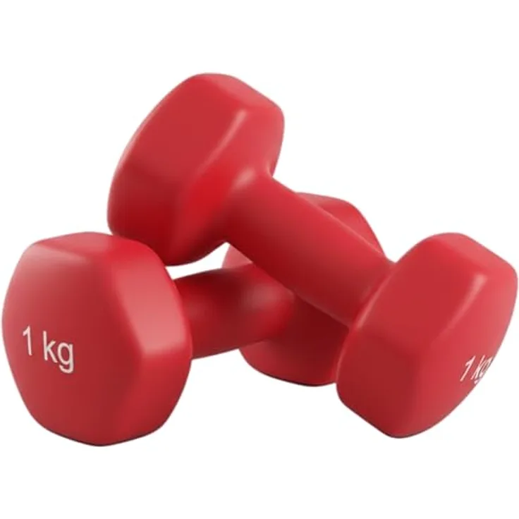 MATCHU Vinyl-Hanteln 2er-Set, 2x1 kg, mit massiver Eisenfüllung, rutschfester Griff, sechseckige Form, rot