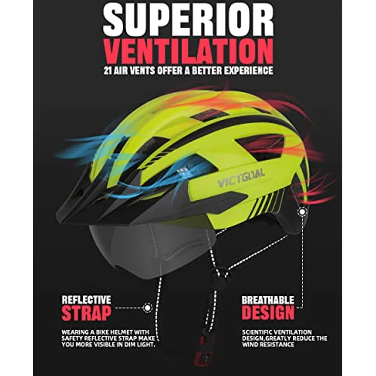 Victgoal VICTGOAL Fahrradhelm MTB, abnehmbare magnetische Schutzbrille, 21 Belüftungskanäle, LED Rücklicht, einstellbare Größe (XL: 59-63cm, Gelb) – Bild 3
