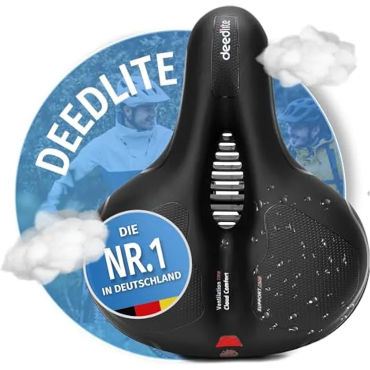 Deedlite Cloud Comfort Pro Max, Fahrradsattel für Damen und Herren mit Memory-Schaum, rot mit Warnstreifen, wasserdicht, dämpfend und atmungsaktiv