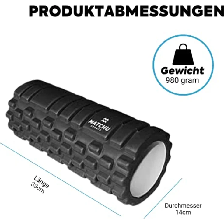 MATCHU Faszienrolle - Massageroller in Mittel, 33x14 cm, Schwarz - Für Selbstmassage und Muskelauflockerung, leicht transportabel, verschiedene Härtegrade verfügbar – Bild 3