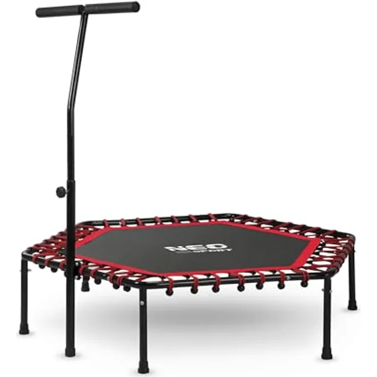 Neo-Sport Mini Jumping Trampolin, Fitness Trampolin mit höhenverstellbarem Haltegriff, Ø 127 cm, bis 100 kg, Indoor/Outdoor, rot