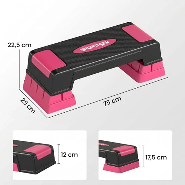 SPORTNOW Aerobic Stepper, 3-stufig verstellbar (12/17,5/22,5 cm), rutschfeste Matte, belastbar bis 250 kg, Schwarz+Rosa – Bild 7
