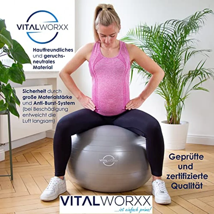 VITALWORXX Gymnastikball für Schwangere, extrem stabil, Sitzball Yogaball Pezziball 75 cm mit Pumpe, mit Übungen für Schwangerschaft, Geburt, Gesundheit, – Bild 3