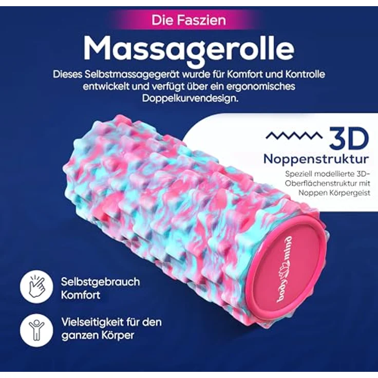 Body & Mind® Faszienrolle Massage-Rolle, 33 x 14,5 cm, 3D Noppenstruktur, pink-blau, für Oberkörper, Nacken, Rücken, Beine und Waden, perfekte Warming-Up-Lösung – Bild 2