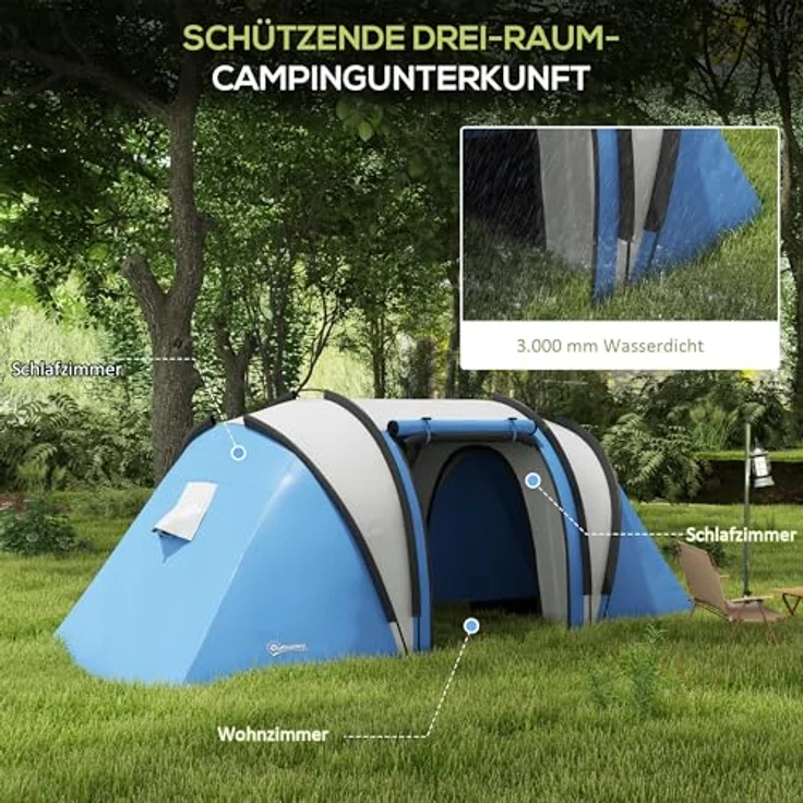 Outsunny 2-Zimmer Campingzelt für 4-5 Personen, wasserabweisend mit 3000mm Wassersäule, Tunnelzelt mit Seitentür und Fenstern, für Camping und Garten – Bild 3