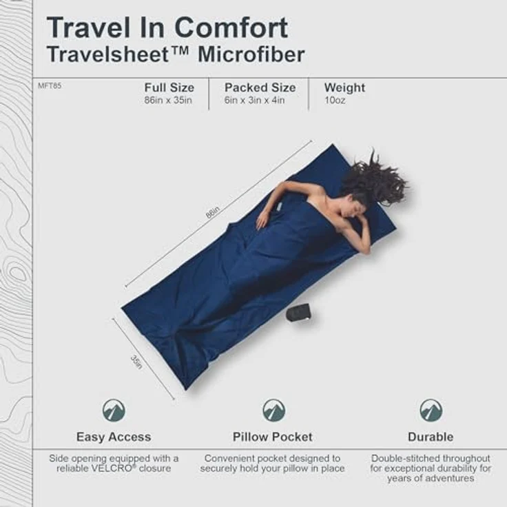 COCOON Leicht-Reiseschlafsack, Rechteck 220 x 90 cm, 100% Mikrofaser, seitliche Klettverschlussöffnung, blau-Twilight Blue – Bild 3