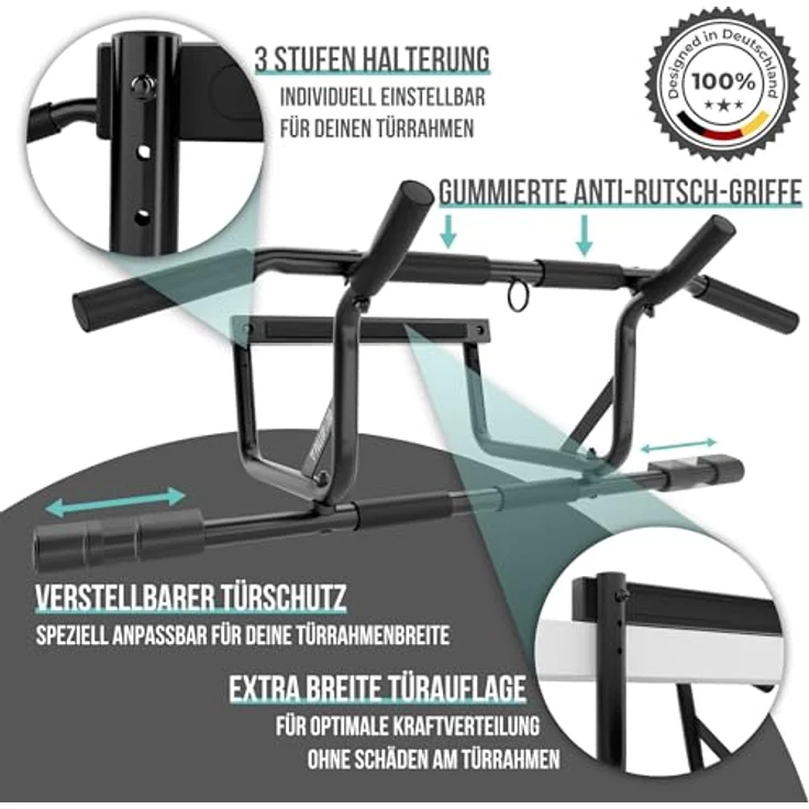 PULLUP & DIP Klimmzugstange für Türrahmen ohne Schrauben, Profi Türreck mit gepolsterten Griffen, inkl. Klimmzug Band + eBook – Bild 3