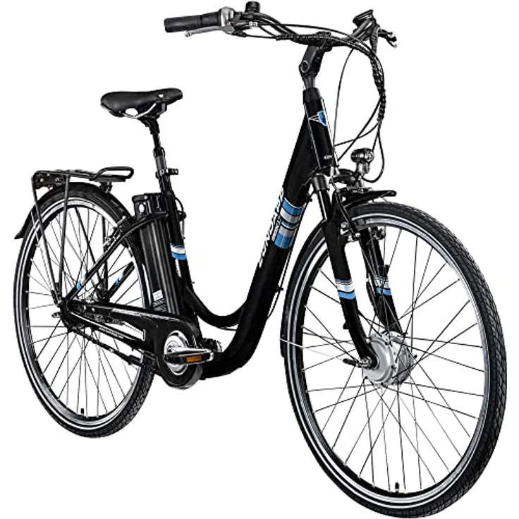 ZÜNDAPP E Bike City 28 Zoll | Elektrofahrrad mit 7 Gang Vorderrad Motor | Retro Hollandrad Green 3.7 (schwarz/blau, 48 cm)