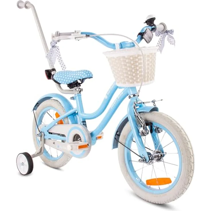 Sun Baby Silver Moon 14 Zoll Mädchenfahrrad mit Stützrädern, blau – Bild 3
