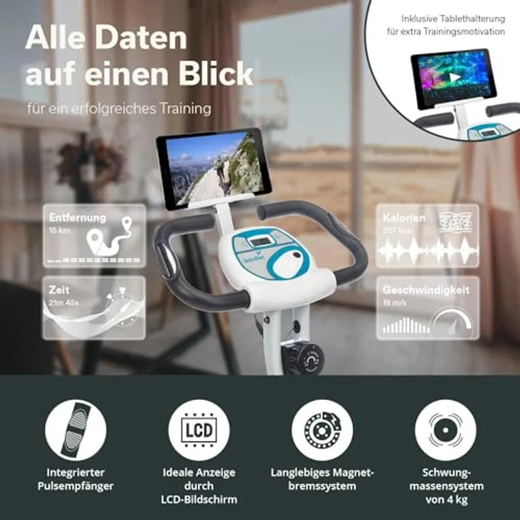 skandika Foldaway X-1000 PLUS Fitnessbike Heimtrainer X-Bike mit Handpuls-Sensoren, Bluetooth Computer, Tablet-Halterung, Rückenlehne (weiß/blau) – Bild 2