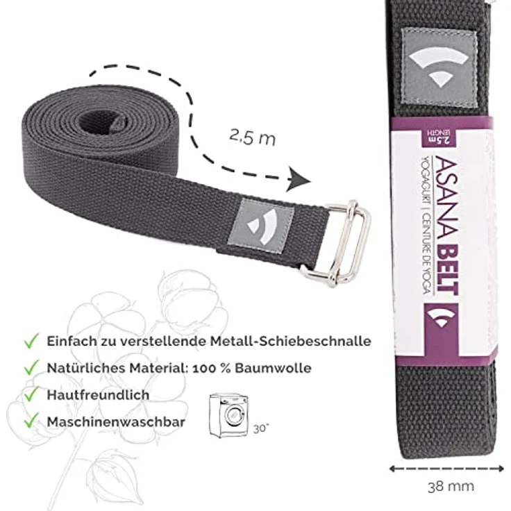Bodhi Yogagurt | ASANA Belt aus 100% Baumwolle | Praktisches Yoga-Zubehör zur Dehnung | Yoga-Gurt mit Schiebeschnalle aus Metall | Anfänger & Fortgeschrittene | 250 x 3,8 cm (anthrazit) – Bild 3