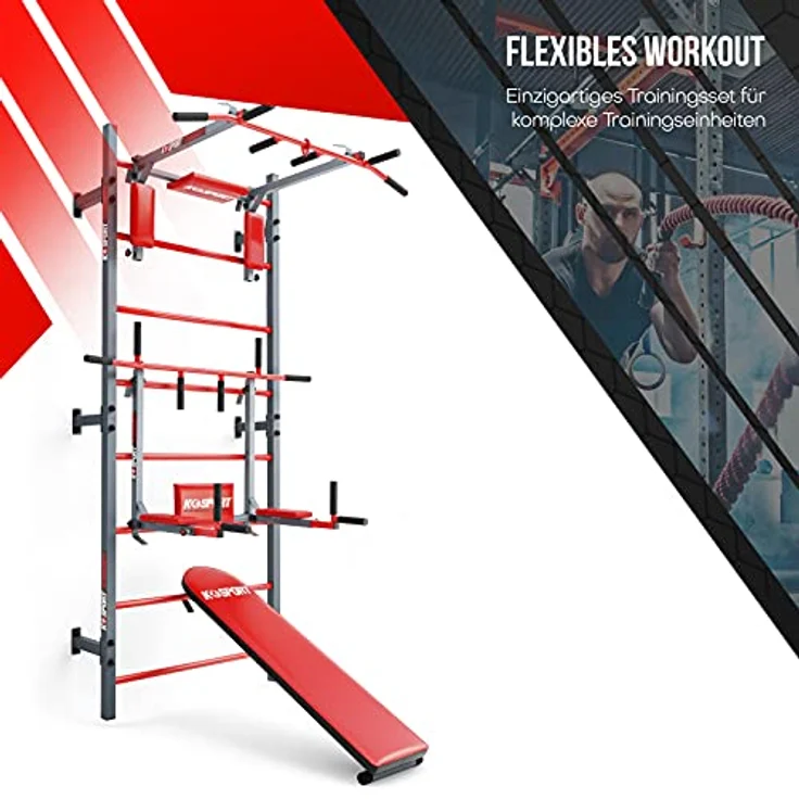 K-Sport: Trainingsset Sprossenwand + Dip Station, Klimmzugstange & Trainingsbank I Kraftstation mit Pull-Up Bar, Dip Stange & Hantelbank, inkl. E-Book – Bild 2