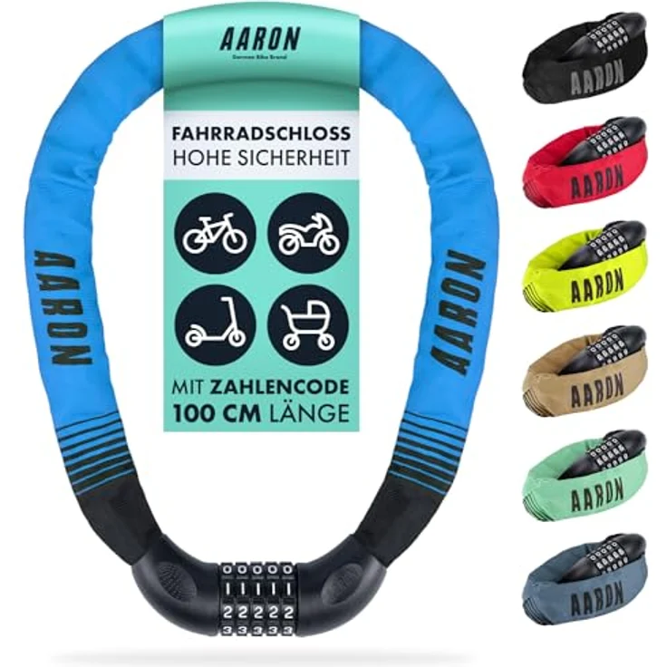 AARON Lock One Fahrradschloss, Kettenschloss mit 5-stelligem Zahlencode, 100 cm lang, gehärteter Stahl, hohe Sicherheitsstufe, blau – Bild 1