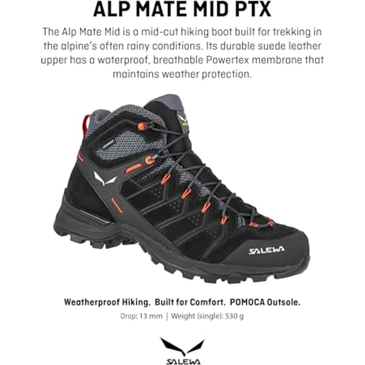 Salewa Alp Mate Mid WP, Herren Wanderschuhe, wasserdicht mit gummierter Zehenschutzkappe, Schwarz – Bild 2