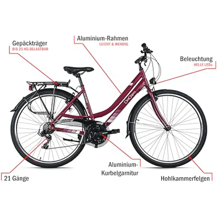 DACAPO Ravenna 50, Trekkingrad Damen 28'' mit 21 Gängen, RH 48 cm, weiß/rot – Bild 4