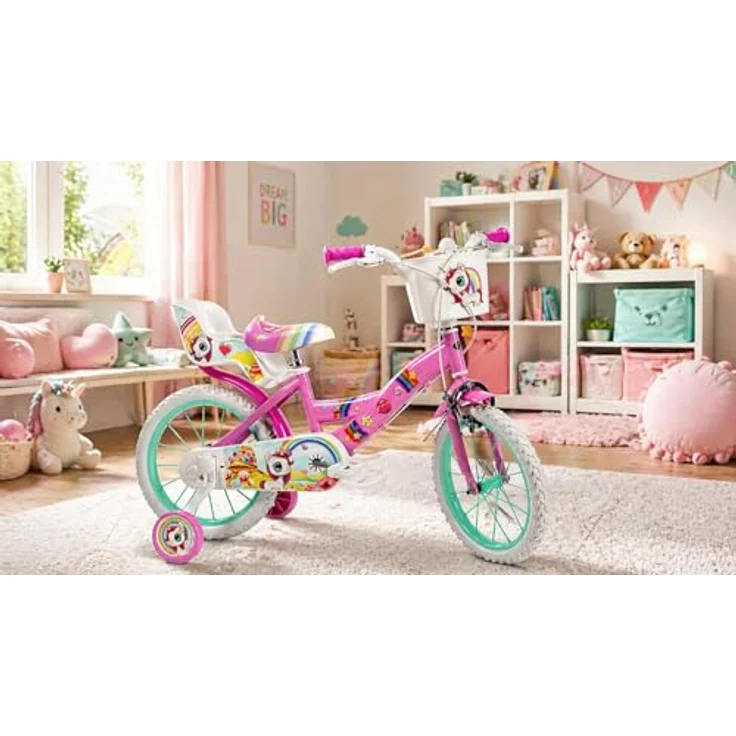 Toimsa Bikes Kinderfahrrad 16 Zoll Mädchenfahrrad mit Einhorn-Design, 1 Gang, Puppensitz, Korb und Stützräder – Bild 6