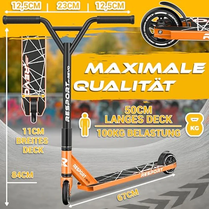 RE:SPORT® Stunt Scooter REVO, Profi Stuntroller für Kinder & Erwachsene mit Ständer, 100mm Polyurethan Wheels, Y-Bar, ABEC 9 Kugellager – Bild 7