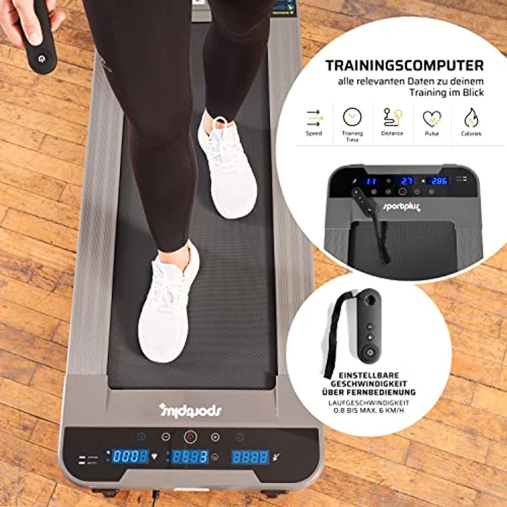 SportPlus Walking Laufband für zuhause & im Büro - Walking Pad bis 6 km/h (leiser Motor), ideal als Desk Laufband am Schreibtisch,kein Joggen möglich, bis 120 kg,Grau-Schwarz,ca. 133x53x10 cm (LxBxH) – Bild 4