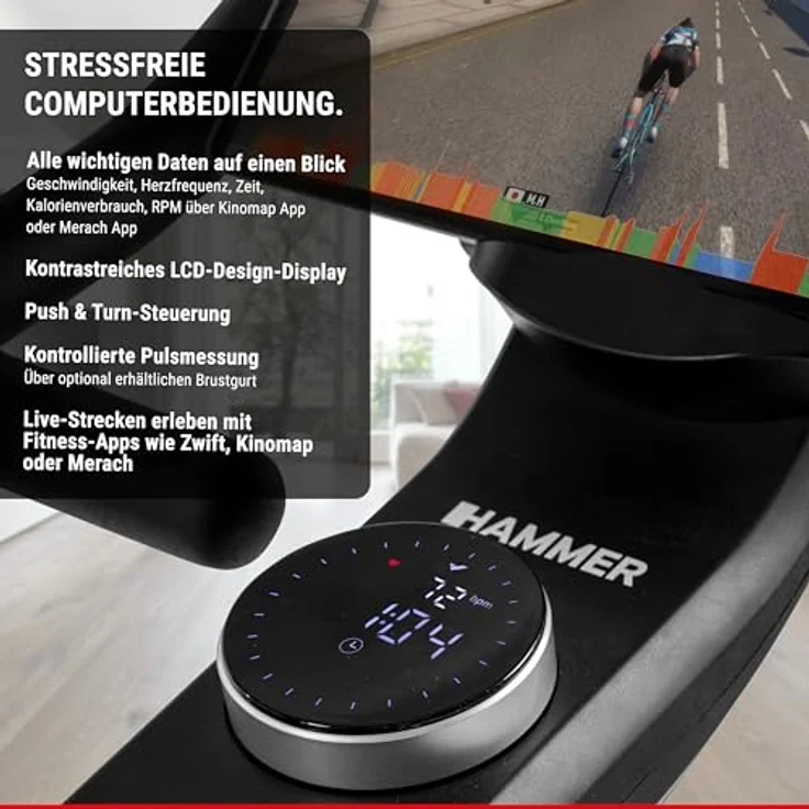 HAMMER Speedbike Speed Race X, Indoor Cycle, 20 kg Schwungmasse, Heimtrainer Fahrrad, Kinomap und Zwift, Hometrainer Fahrrad, Belastbarkeit 130 kg, Schwarz – Bild 5