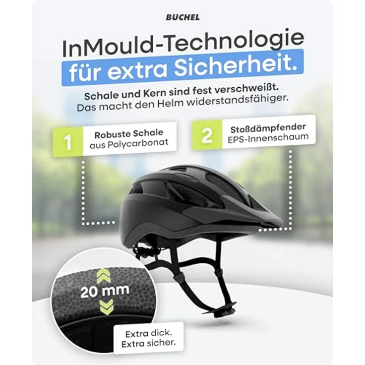 Büchel Fahrradhelm In-Mould-Technologie, Cam Lock, Kinnpolsterung, Fliegennetz, L 58-61 cm, Schwarz Matt – Bild 5