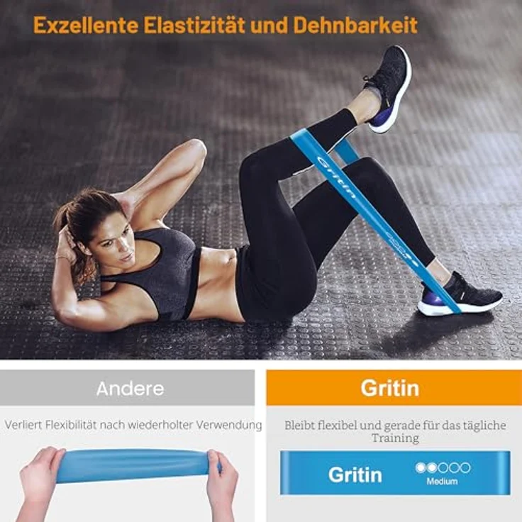 Gritin Fitnessbänder [5er Set] Widerstandsbänder mit 5 Stufen, 100% Latex, inklusive deutscher Übungsanleitung & Tragebeutel, ideal für Muskelaufbau, Yoga und Pilates – Bild 4